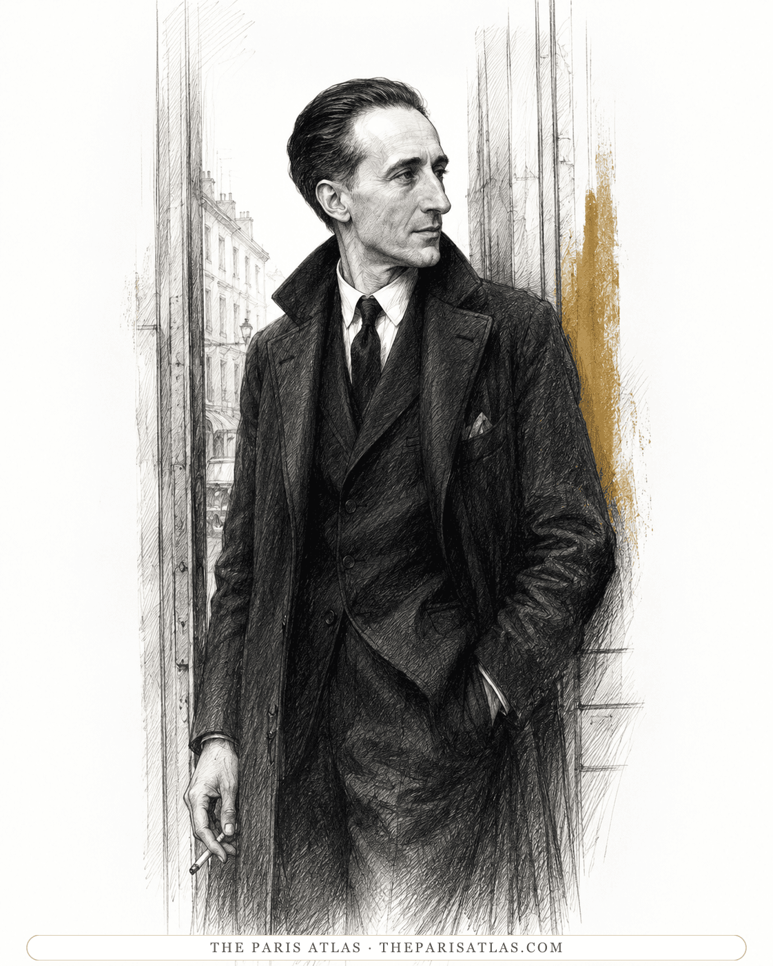 Illustration of Marcel Duchamp in a long overcoat on a Paris street, a cigarette held at his side.