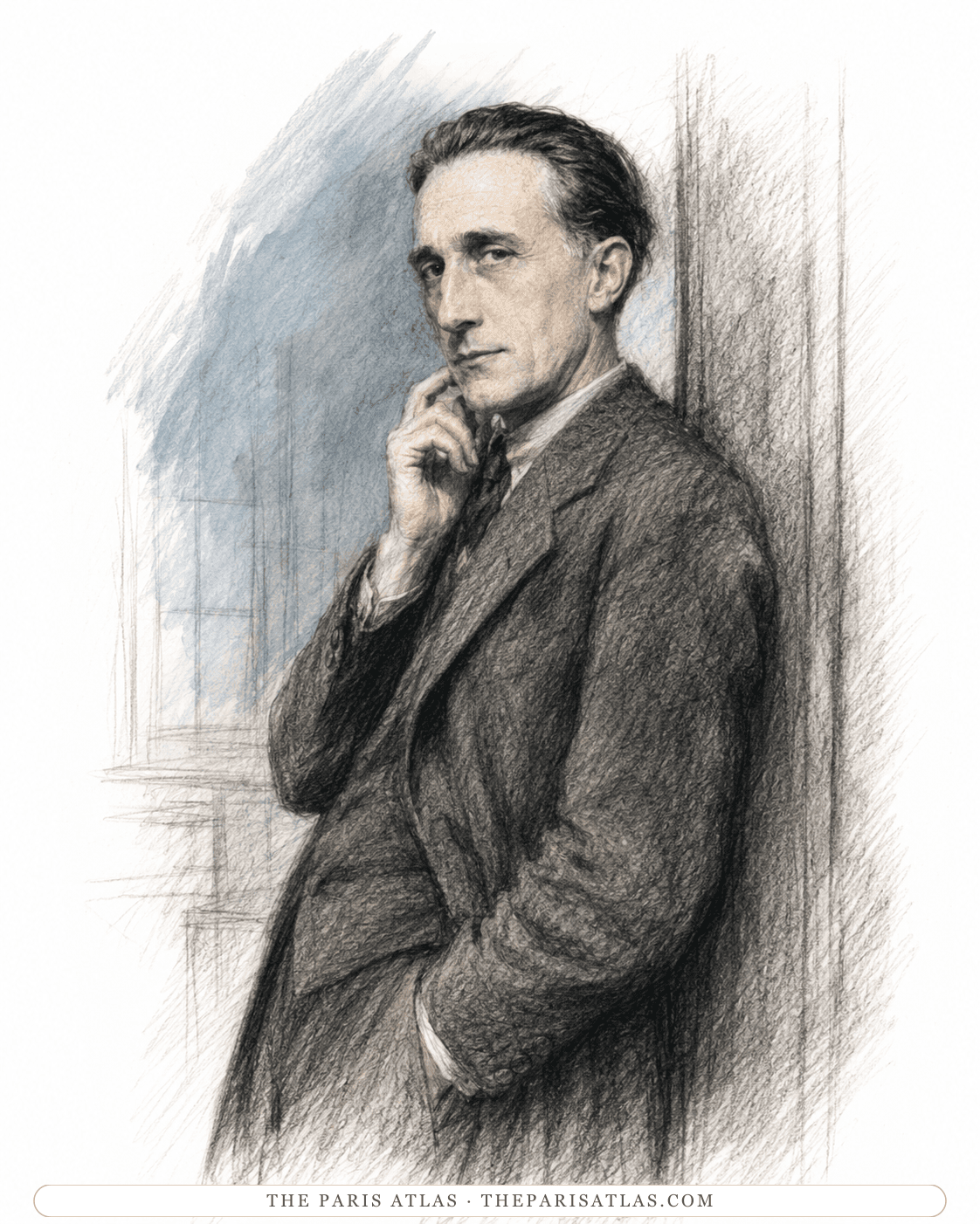 Illustration of Marcel Duchamp in a tweed jacket, a hand raised to his chin, against a slate-blue wash.