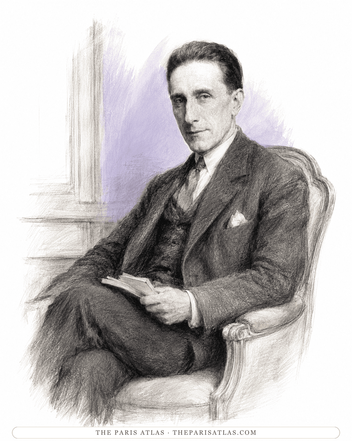 Illustration of Marcel Duchamp seated in a Louis XV armchair reading a small book, a panelled wall behind him.