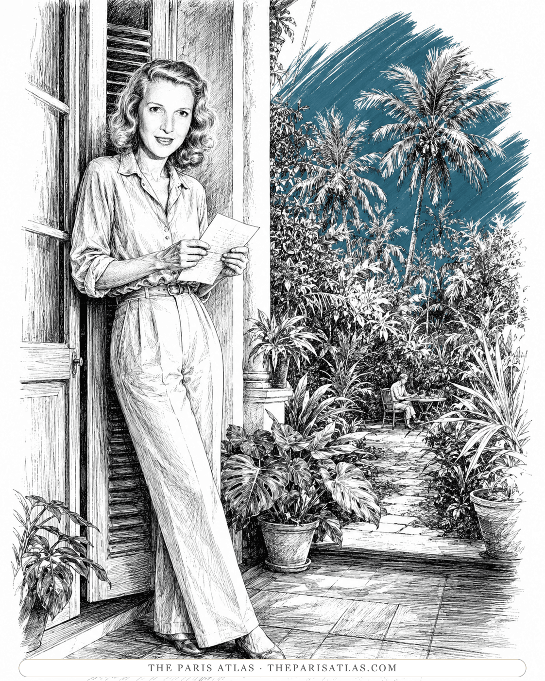 Illustration of Martha Gellhorn reading a letter in a shuttered doorway opening onto a tropical garden, a figure seated at a table beyond