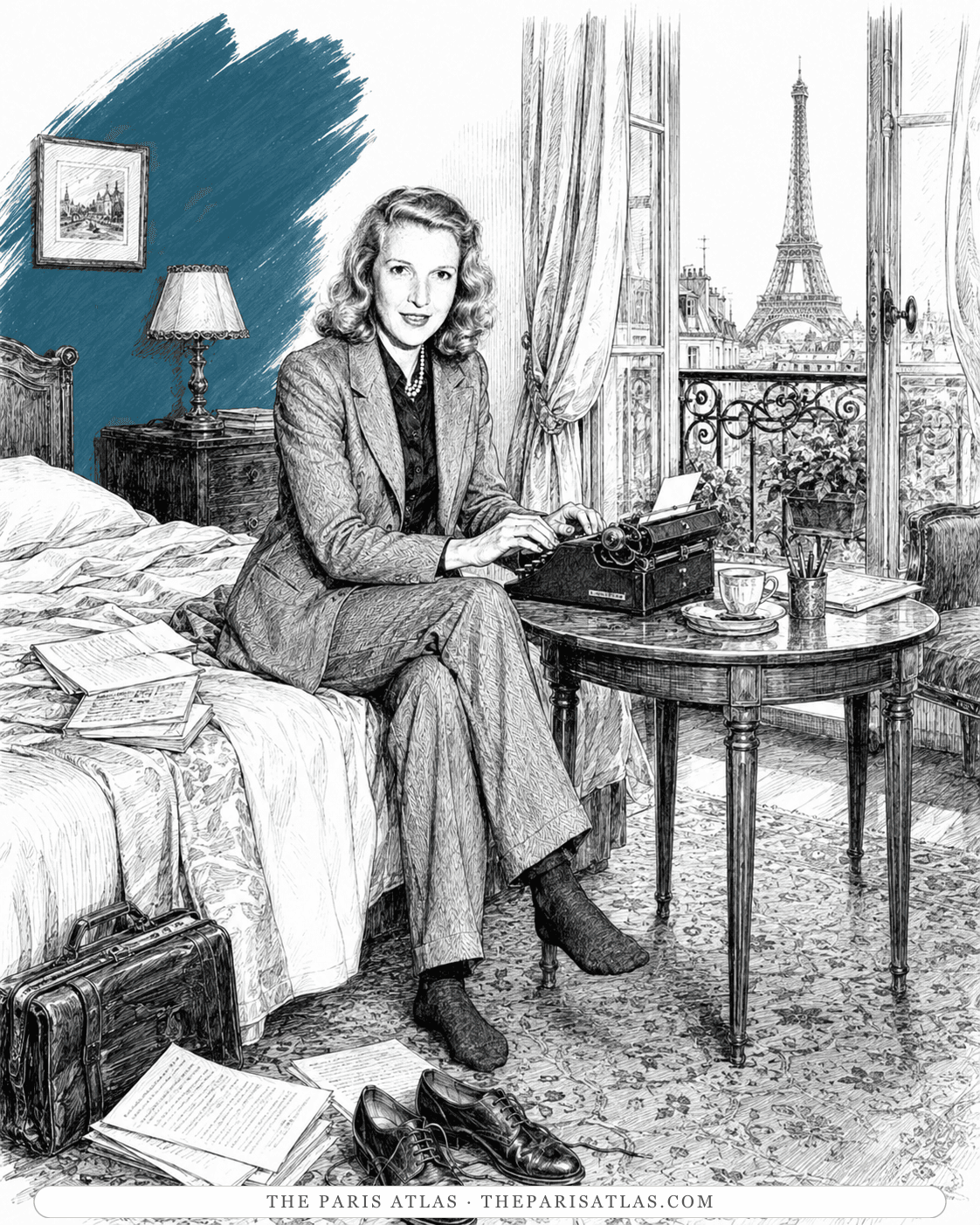 Illustration of Martha Gellhorn typing at a small table in a Paris hotel room, papers across the bed, the Eiffel Tower through open balcony doors
