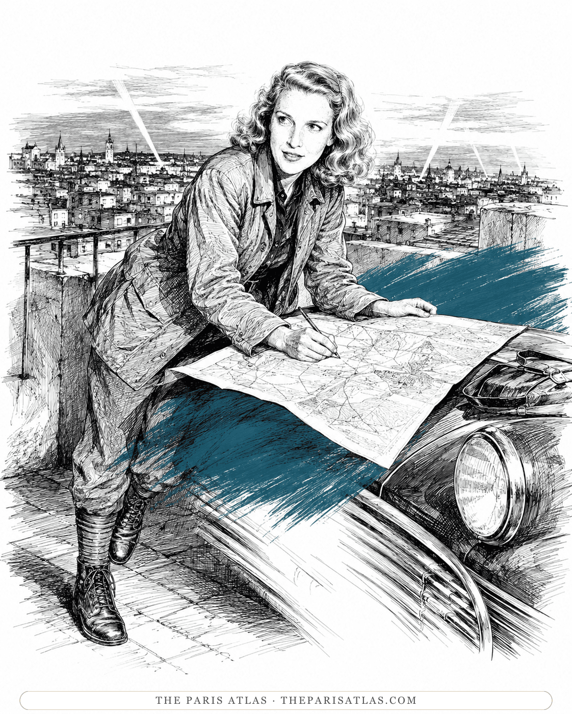 Illustration of Martha Gellhorn marking a map spread on a car bonnet, searchlights over a city skyline behind her