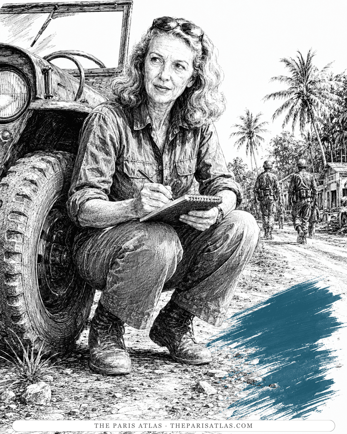 Illustration of an older Martha Gellhorn crouched beside a jeep taking notes, soldiers walking a track behind her under palms