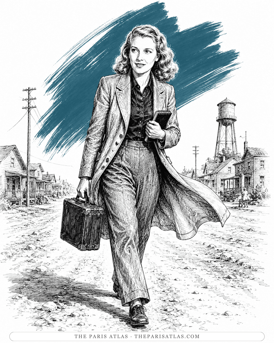 Illustration of Martha Gellhorn walking a dirt road with a suitcase and notebook past clapboard houses and a water tower