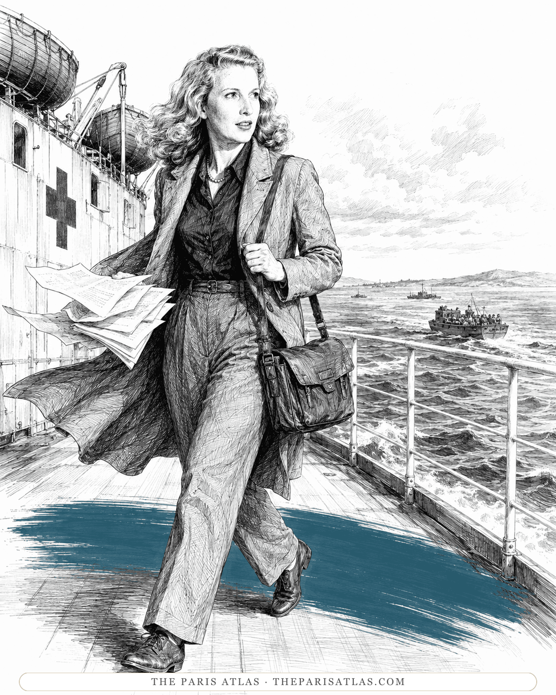 Illustration of Martha Gellhorn on the deck of a hospital ship, pages in her hand, landing craft making for the shore behind her