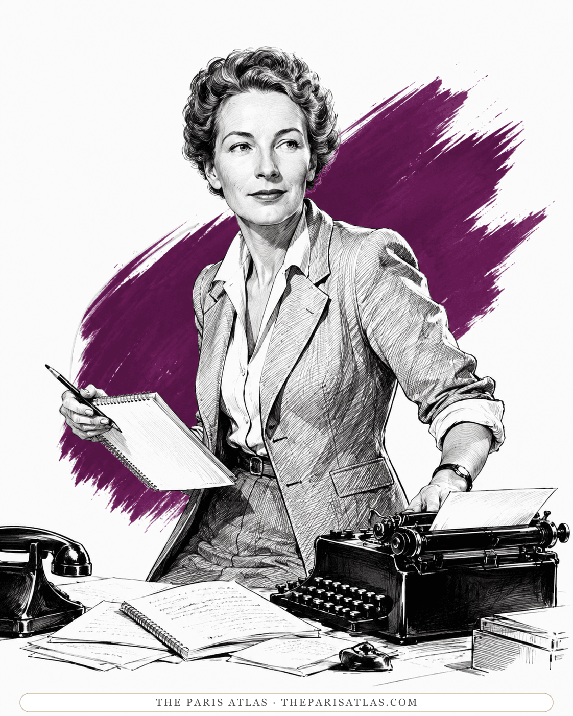 Illustration of Mary Welsh Hemingway standing at a desk with a typewriter, notebook, and telephone