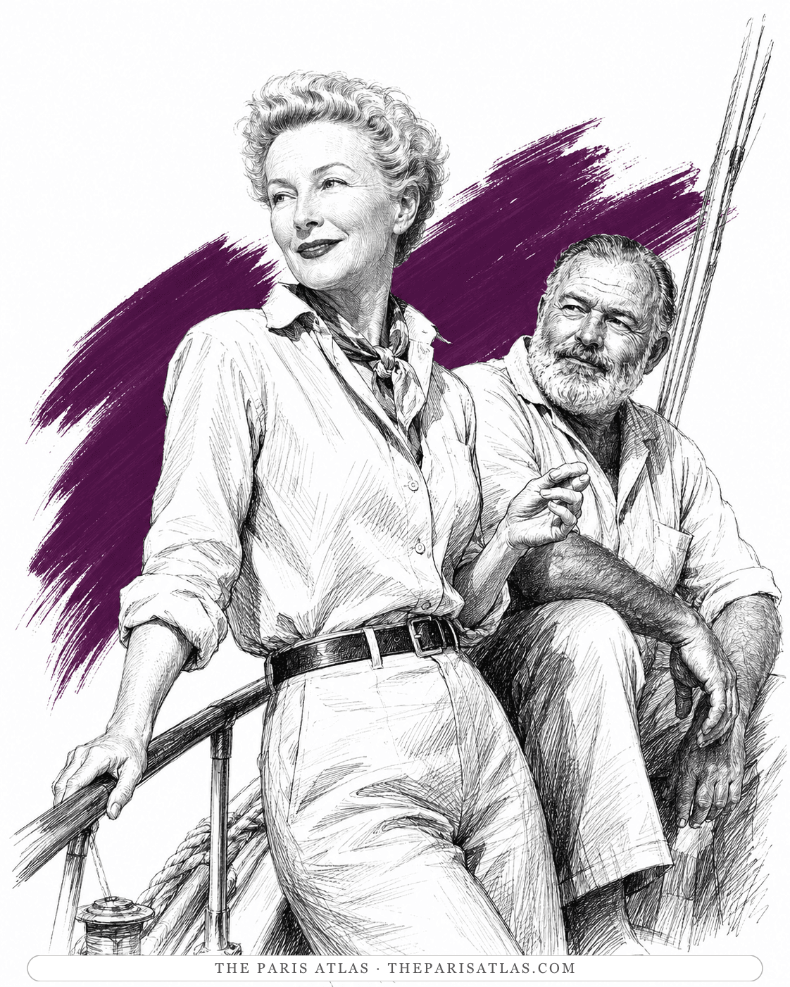 Illustration of Mary Welsh Hemingway at a boat's wheel with Ernest Hemingway seated behind