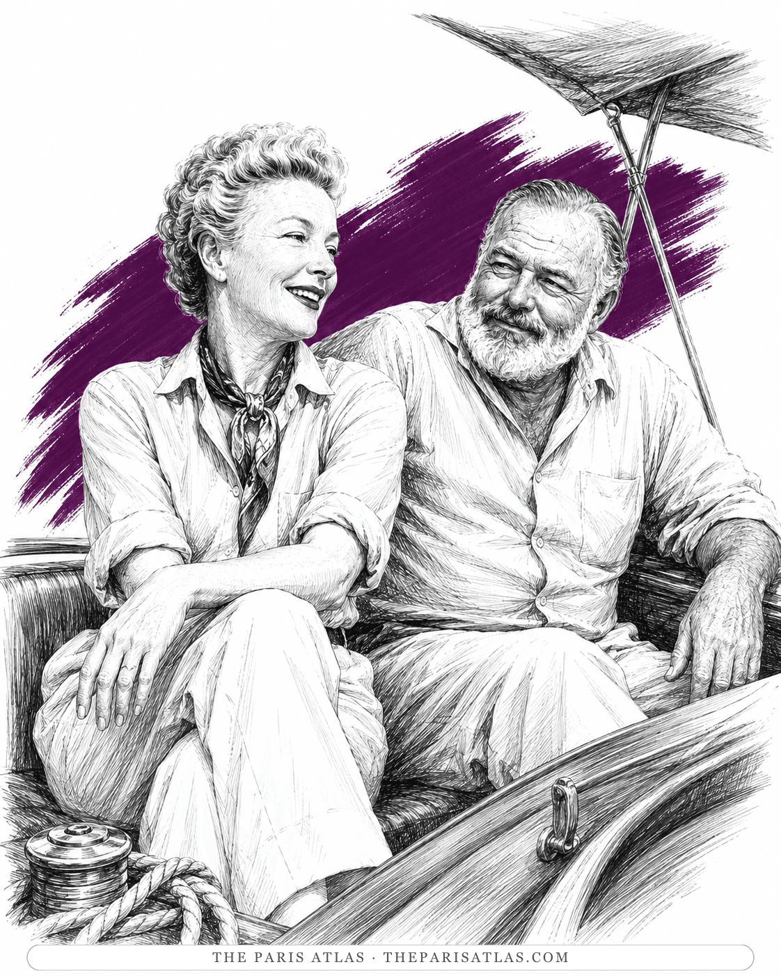 Illustration of Mary and Ernest Hemingway sitting together on a boat deck under an awning