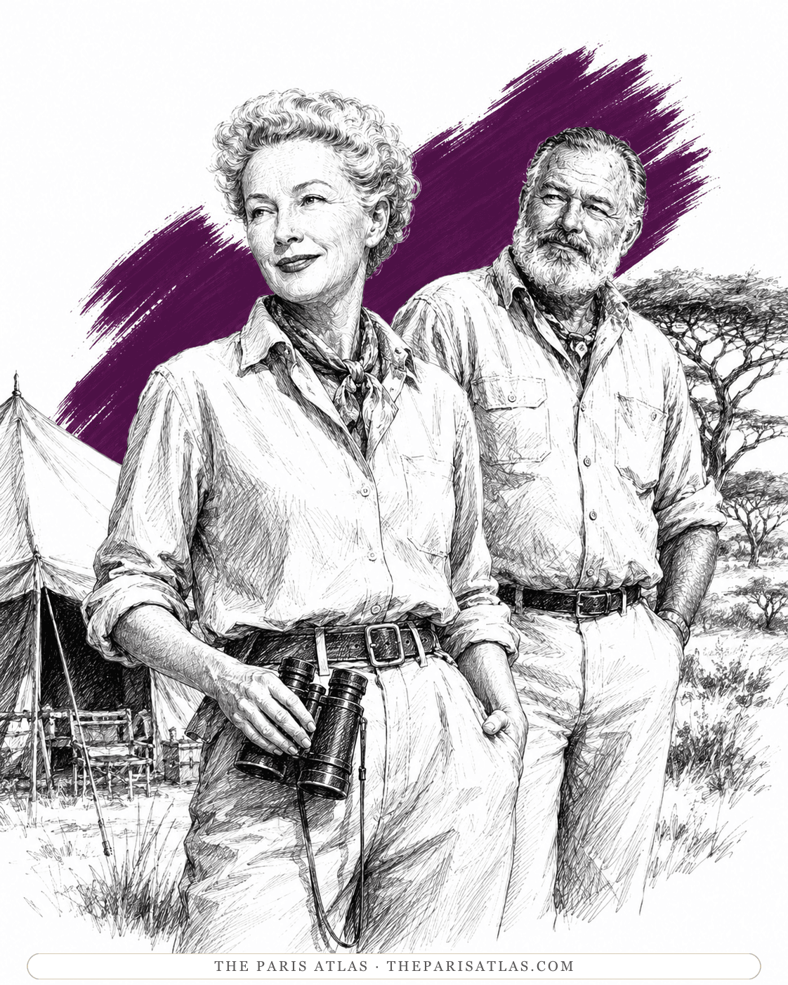 Illustration of Mary Welsh Hemingway with binoculars beside Ernest at an East African safari camp