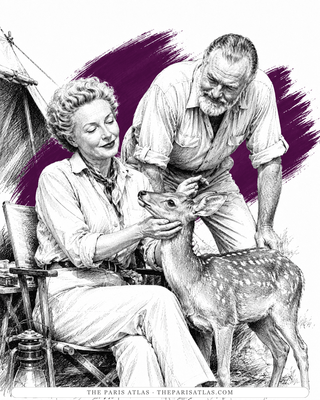 Illustration of Mary and Ernest Hemingway with a young antelope beside their safari tent