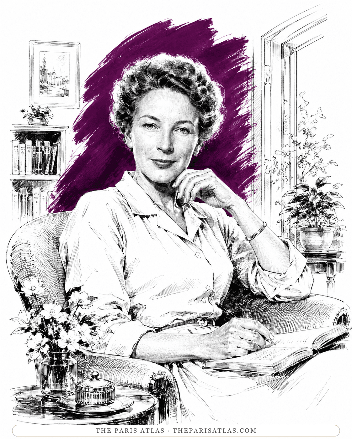 Illustration of Mary Welsh Hemingway writing in an armchair at home, bookshelf and flowers behind her