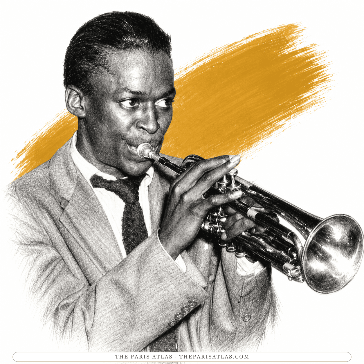 Pen-and-ink illustration of Miles Davis in a light suit and dark tie, playing the trumpet, against a gold brush ground