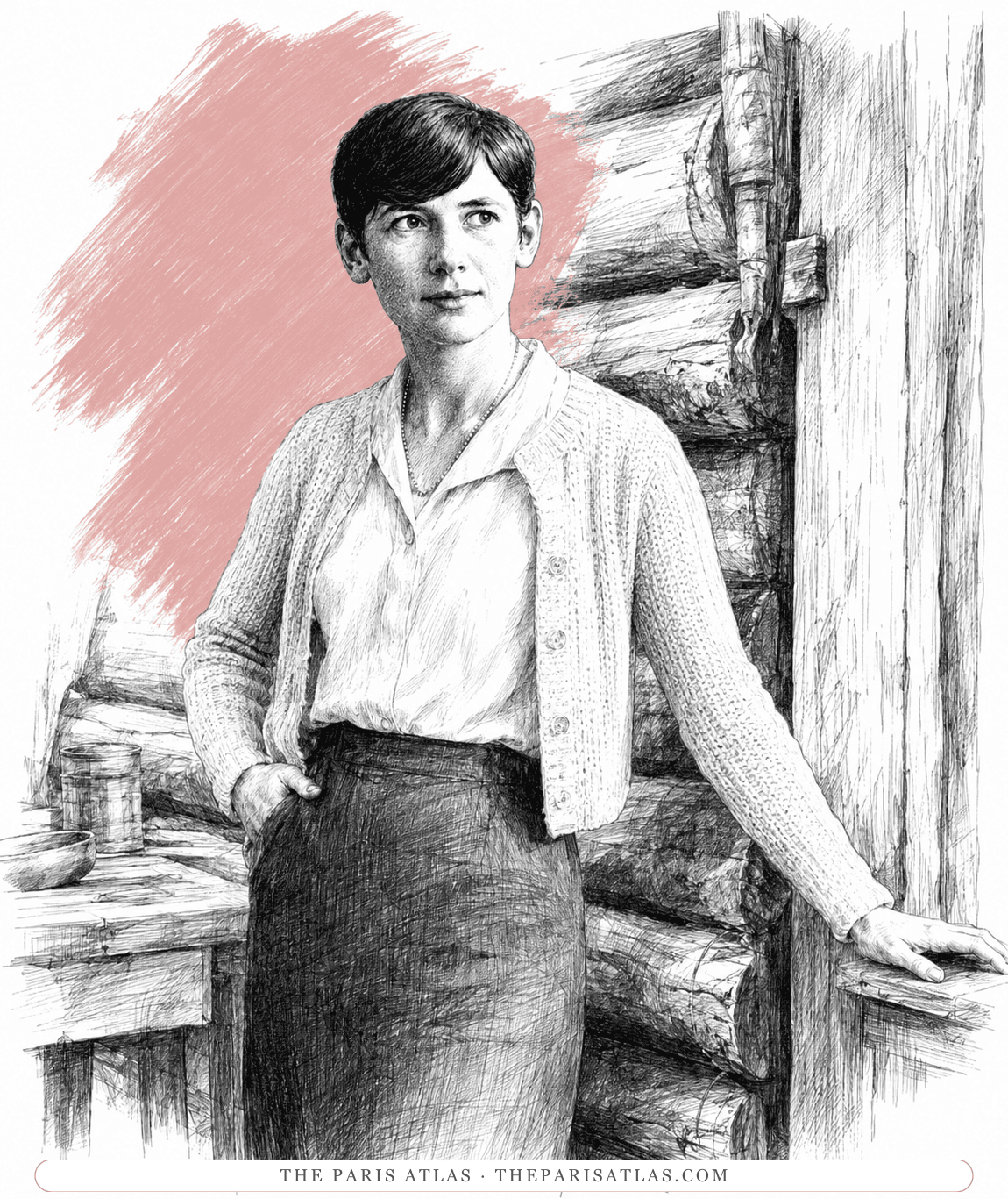 Illustration of Pauline Pfeiffer standing beside the log wall of the barn at her family's home in Piggott, Arkansas