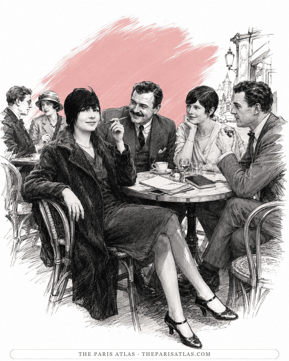 Illustration of Pauline Pfeiffer at a café table with Ernest Hemingway and others of the expatriate circle