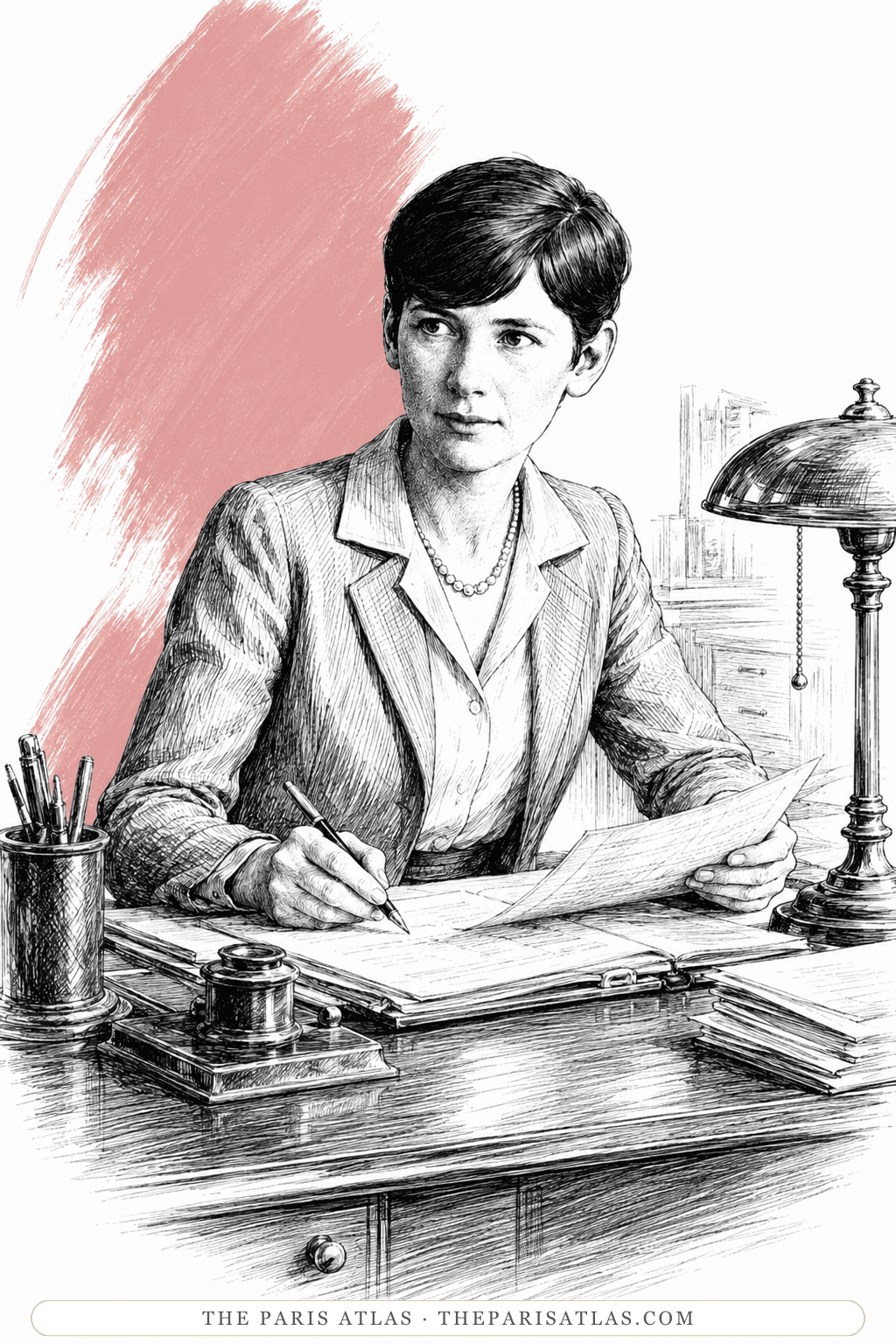 Illustration of Pauline Pfeiffer at an office desk with a pen, proofs, an inkwell and a banker's lamp