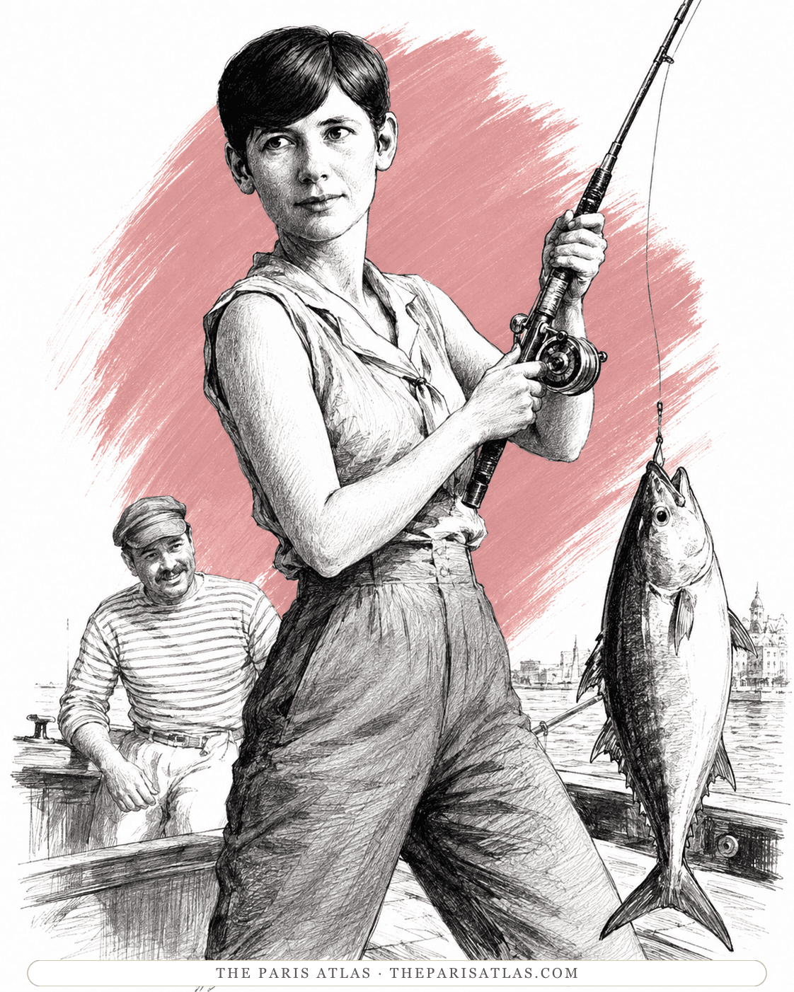 Illustration of Pauline Pfeiffer holding a rod and a landed fish on a boat, Hemingway seated behind her
