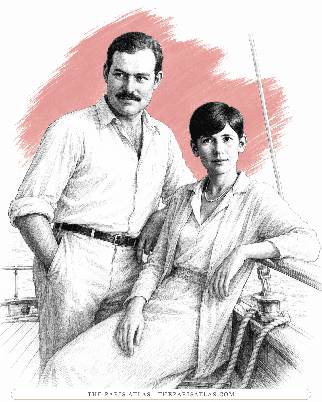 Illustration of Pauline Pfeiffer and Ernest Hemingway on a boat deck, both in white shirts
