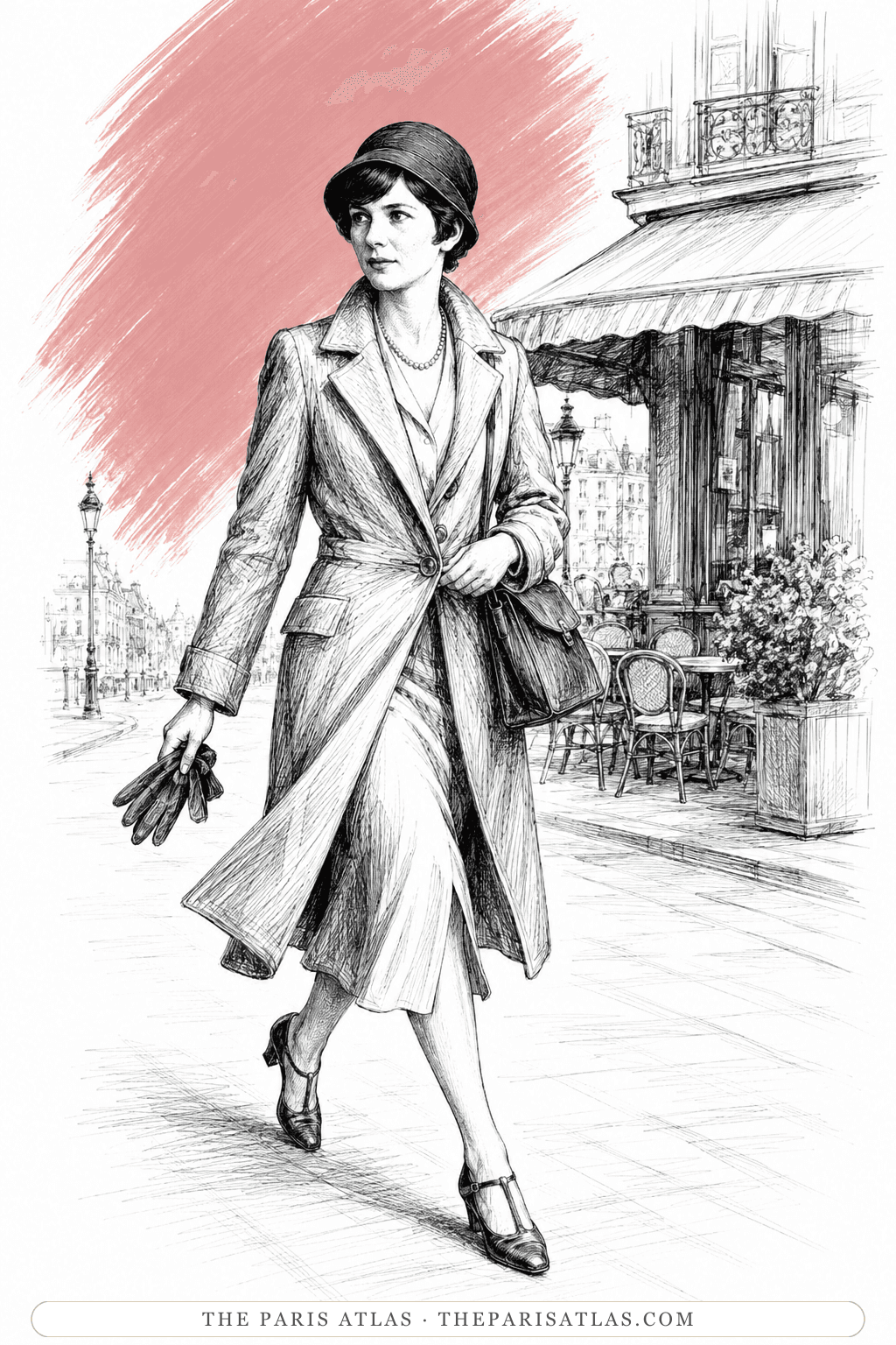 Illustration of Pauline Pfeiffer walking a Paris street in a coat and cloche hat, gloves in hand, a café terrace behind her
