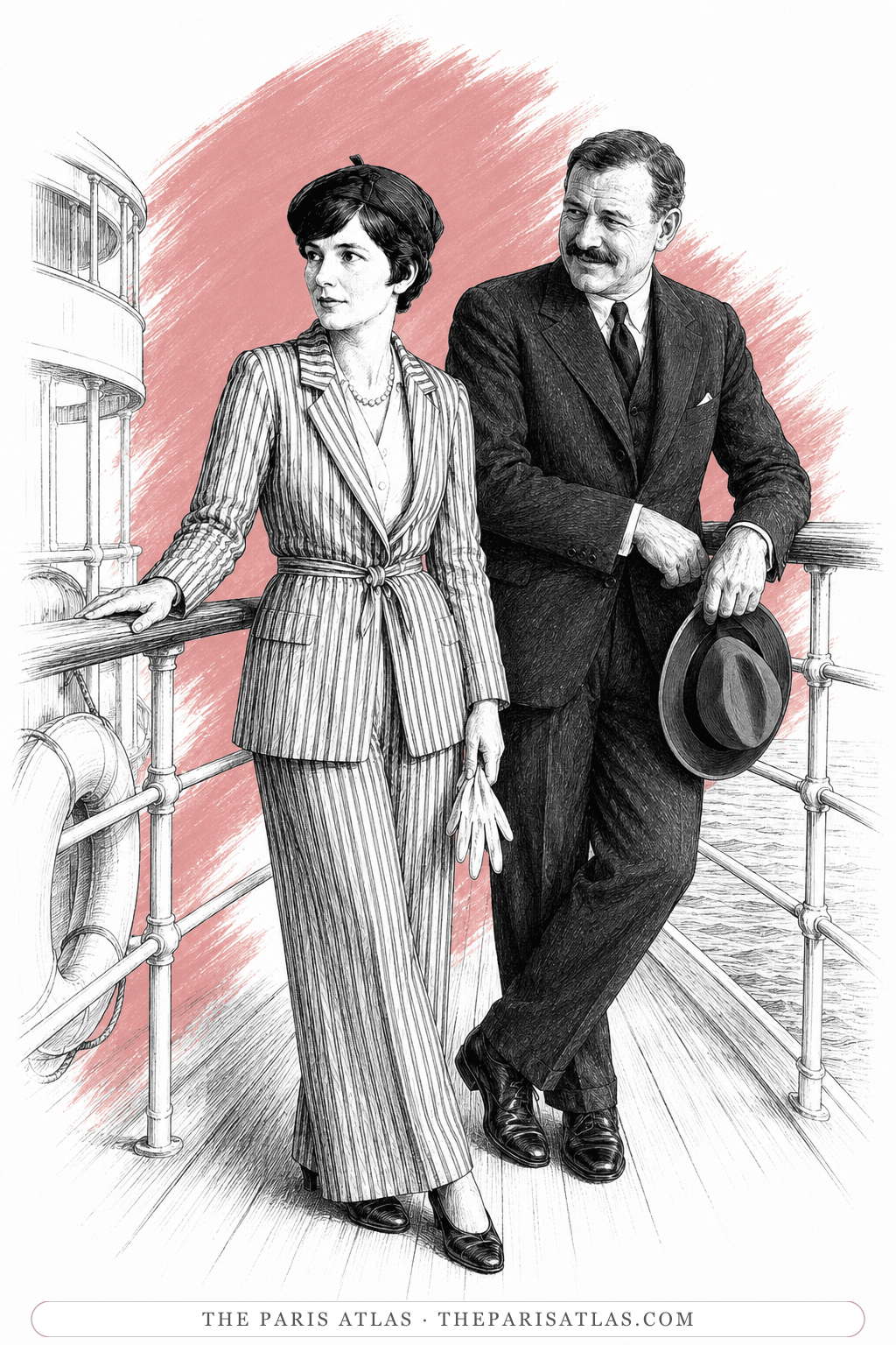 Illustration of Pauline Pfeiffer and Ernest Hemingway at a ship's rail, she in a striped travelling suit
