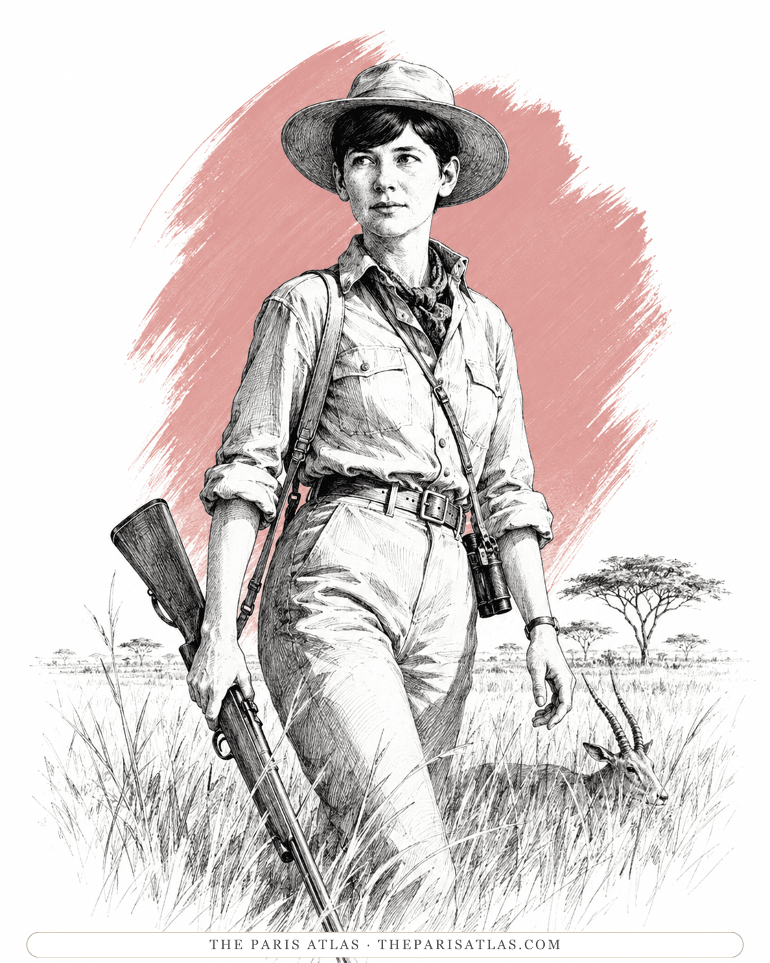 Illustration of Pauline Pfeiffer in safari kit with a rifle and binoculars crossing grassland, acacia trees behind