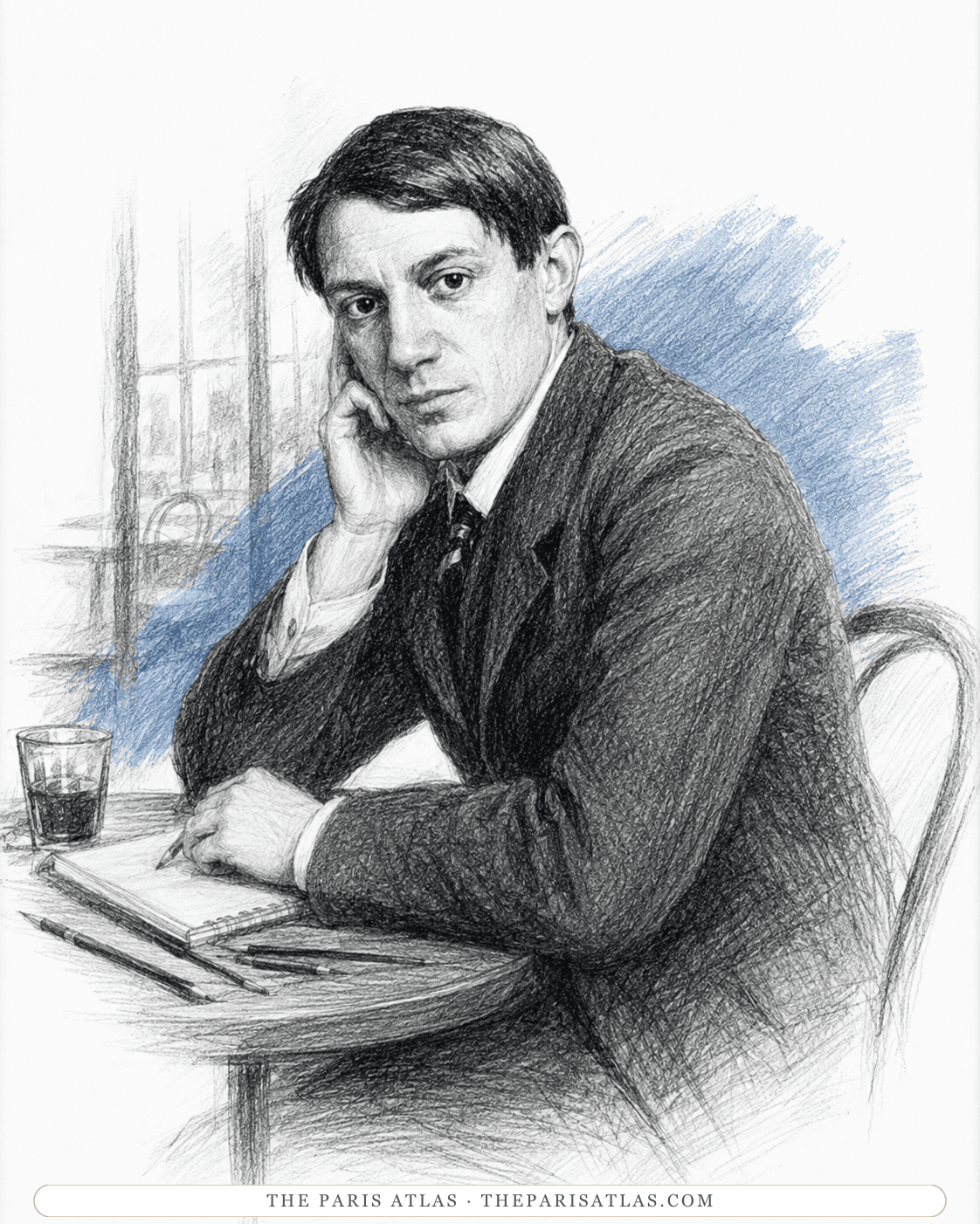 The young Picasso at a café table, chin on one hand, a sketchbook and a glass of red wine in front of him
