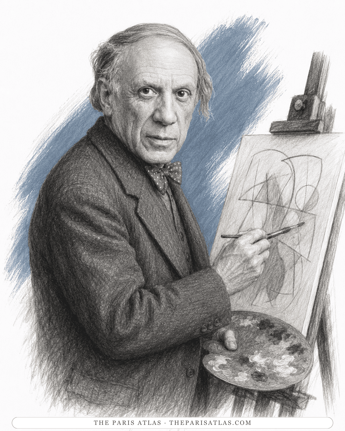 Picasso at an easel, working up a Cubist figure in charcoal, in shirtsleeves and a spotted bow tie