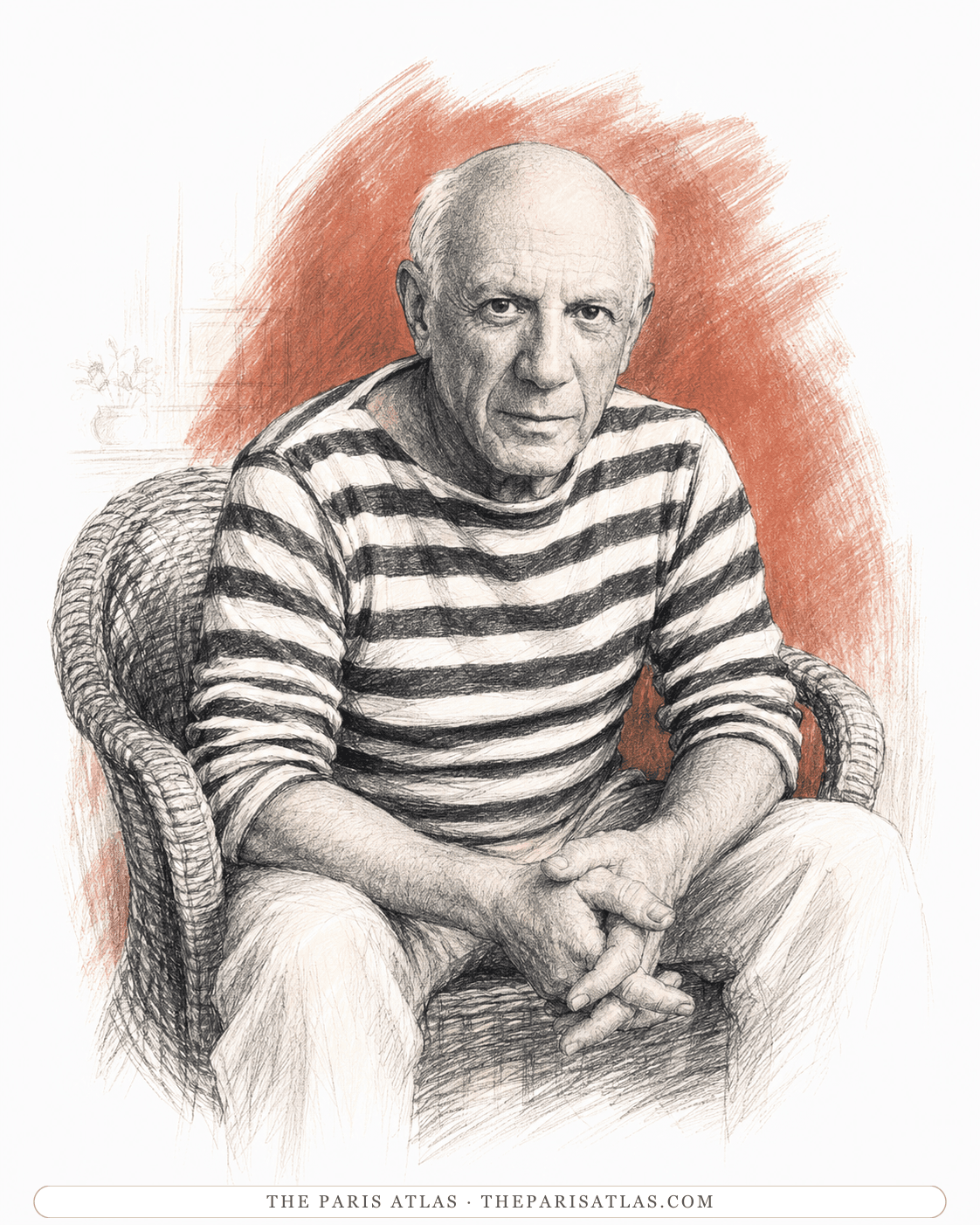 Picasso in the striped Breton jersey he made his own, seated in a wicker chair against a red ground