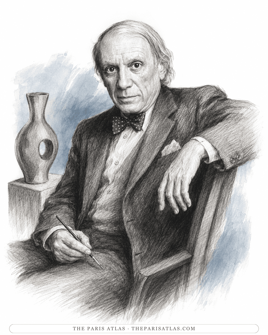 Picasso in an armchair with a fine brush in one hand, a pierced ceramic vessel on a plinth at his side