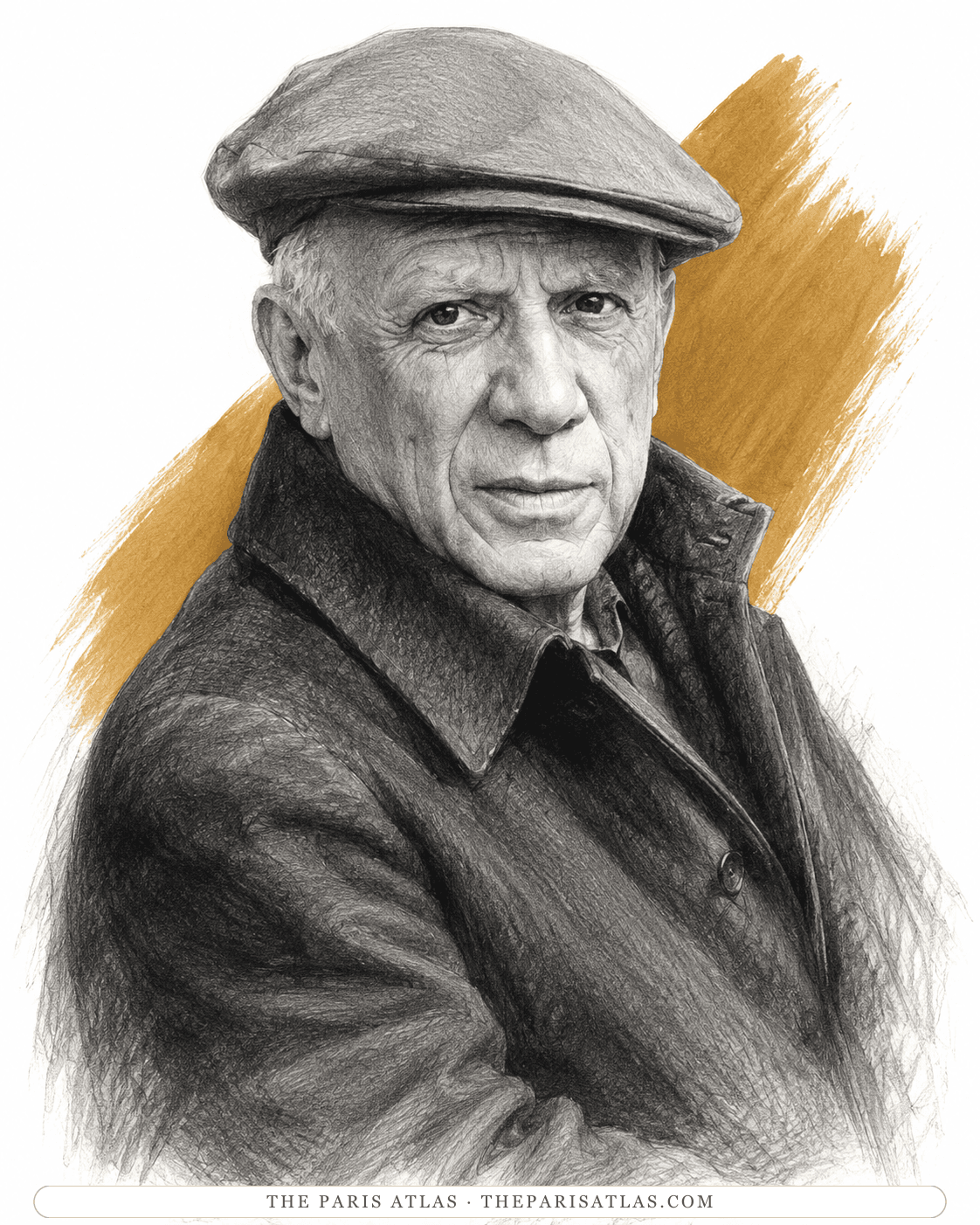 Picasso in a flat cap and leather jacket, arms folded, against a gold ground