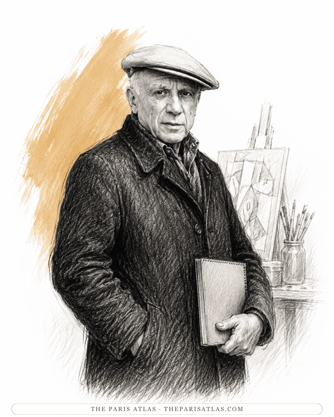 Picasso in a flat cap holding a spiral sketchbook, a Cubist canvas on the easel and brushes in a jar behind him