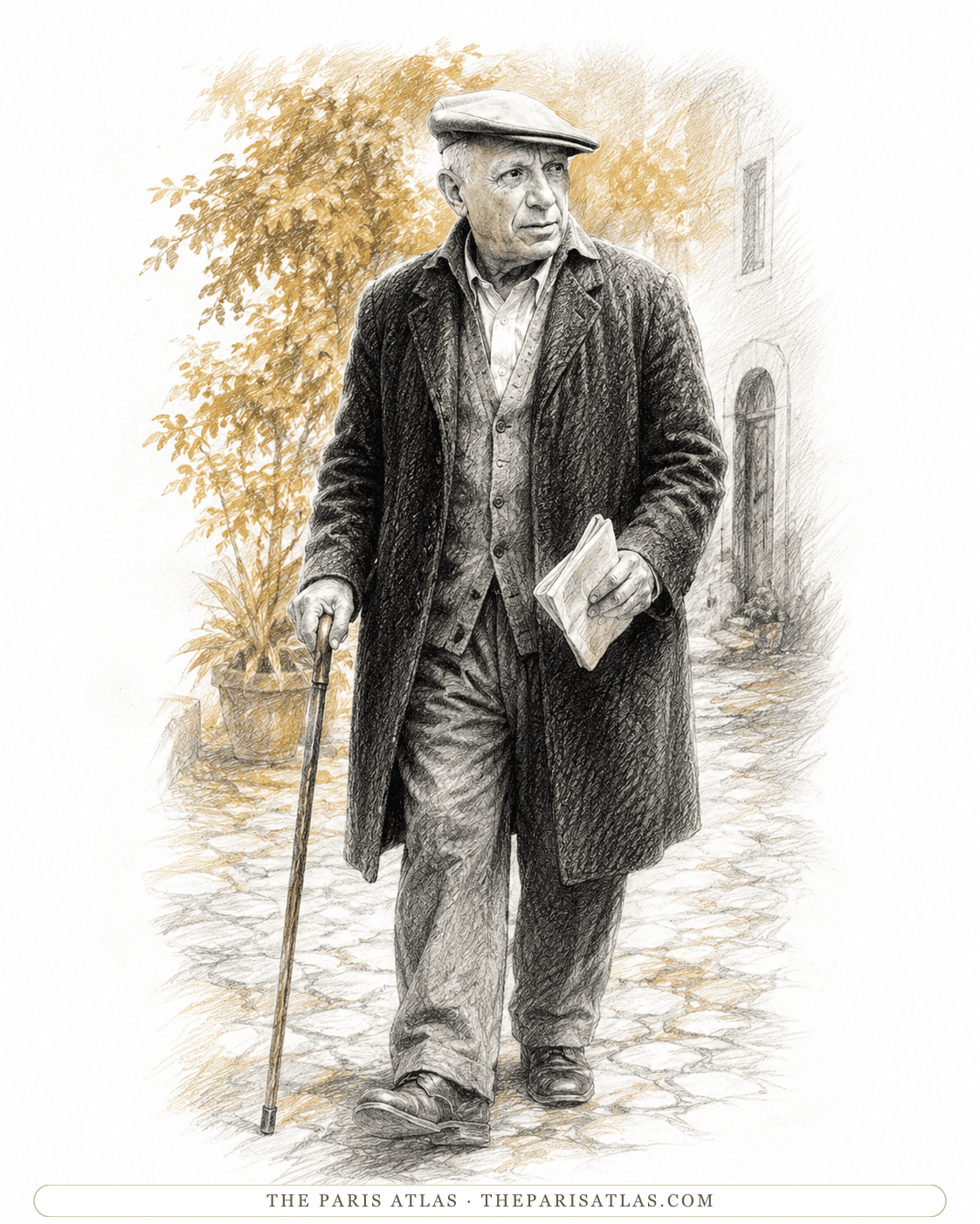 An old Picasso walking a cobbled village lane in the south of France with a cane and a folded paper, an autumn tree behind him