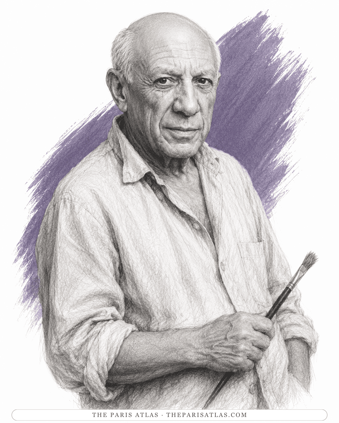 An older Picasso in an open white shirt, holding a single brush upright
