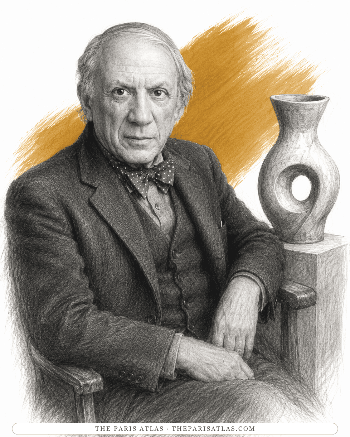 Picasso seated in a bow tie beside one of his Vallauris-period ceramic vases on a plinth