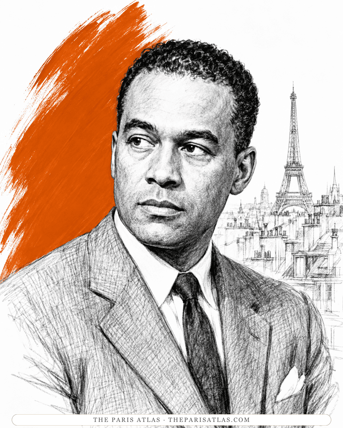 Pen-and-ink portrait of Richard Wright in a suit, the rooftops of Paris and the Eiffel Tower sketched behind him