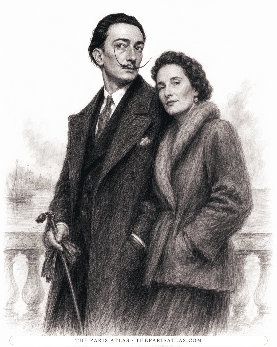 Illustration of Salvador Dalí and Gala standing together at a stone balustrade above a harbour, both in winter coats