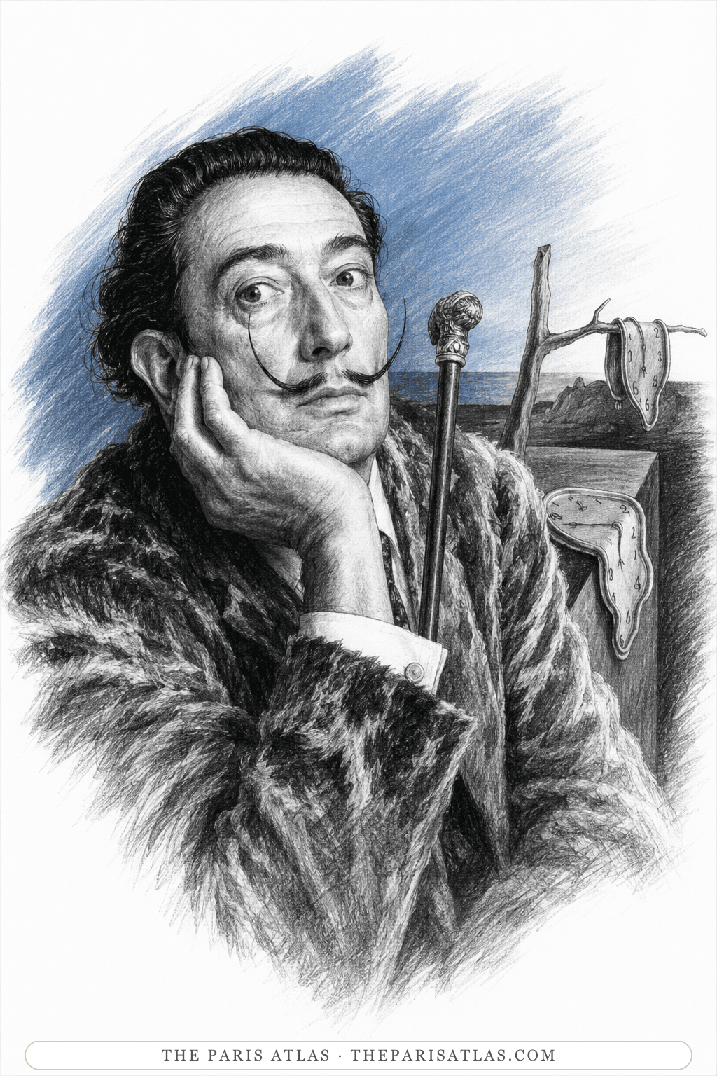Illustration of Salvador Dalí in a fur coat resting his cheek on his hand, soft watches draping over a branch and a block behind him