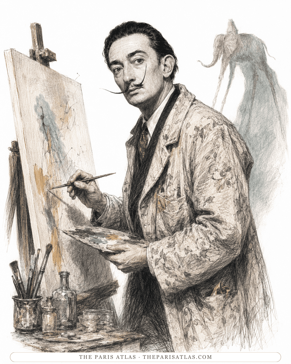 Illustration of Salvador Dalí in a patterned smock at an easel, palette in hand, a pale elephant shape rising behind him