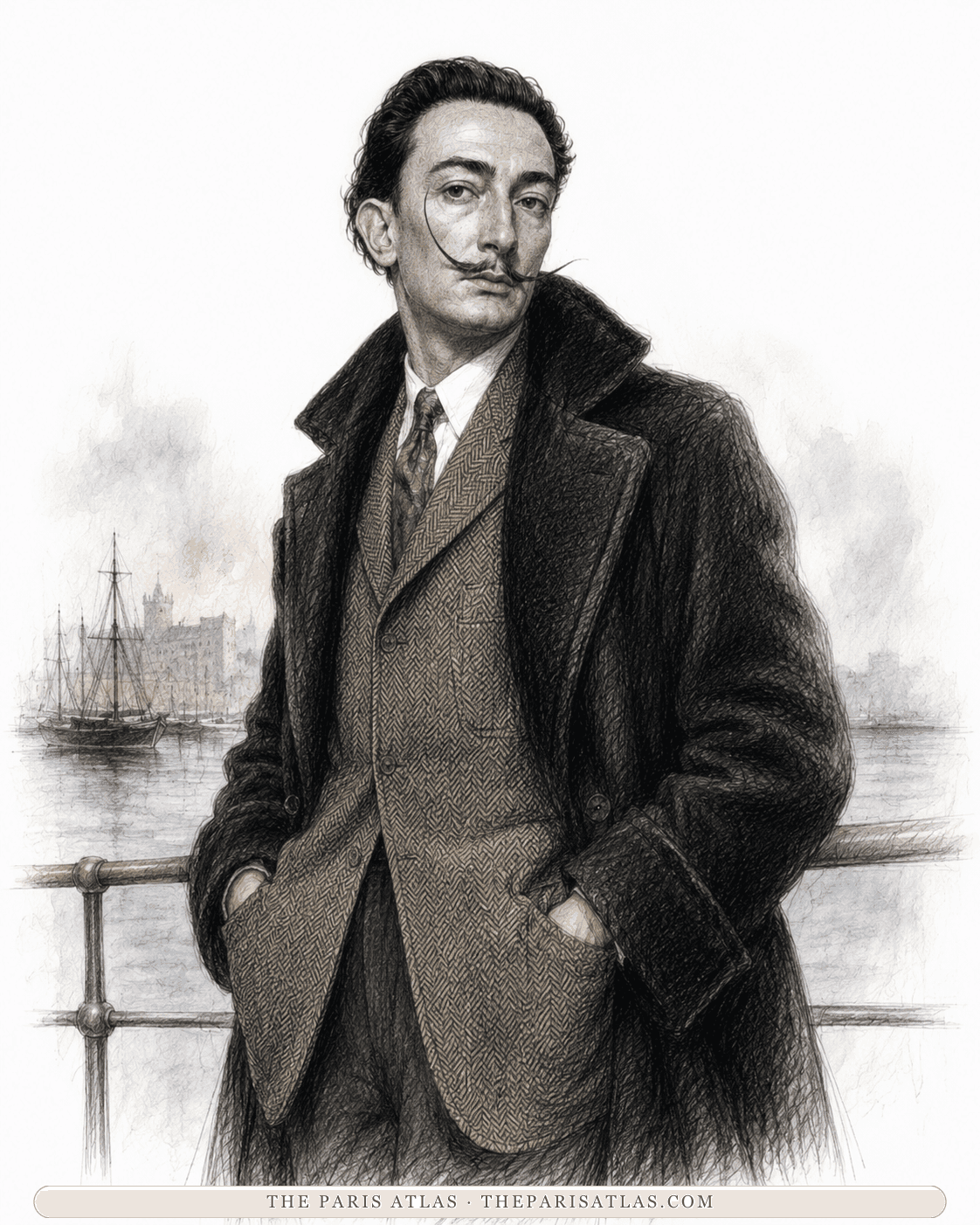 Illustration of Salvador Dalí in a heavy overcoat at a harbour rail, hands in his pockets, boats and a tower behind him