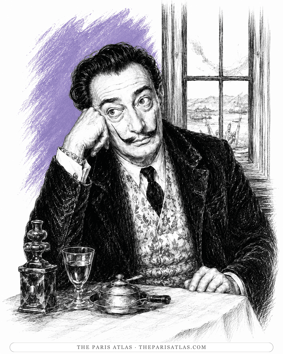 Illustration of an older Salvador Dalí resting his cheek on his hand at a table, a glass and a small pot in front of him, a bay visible through the window