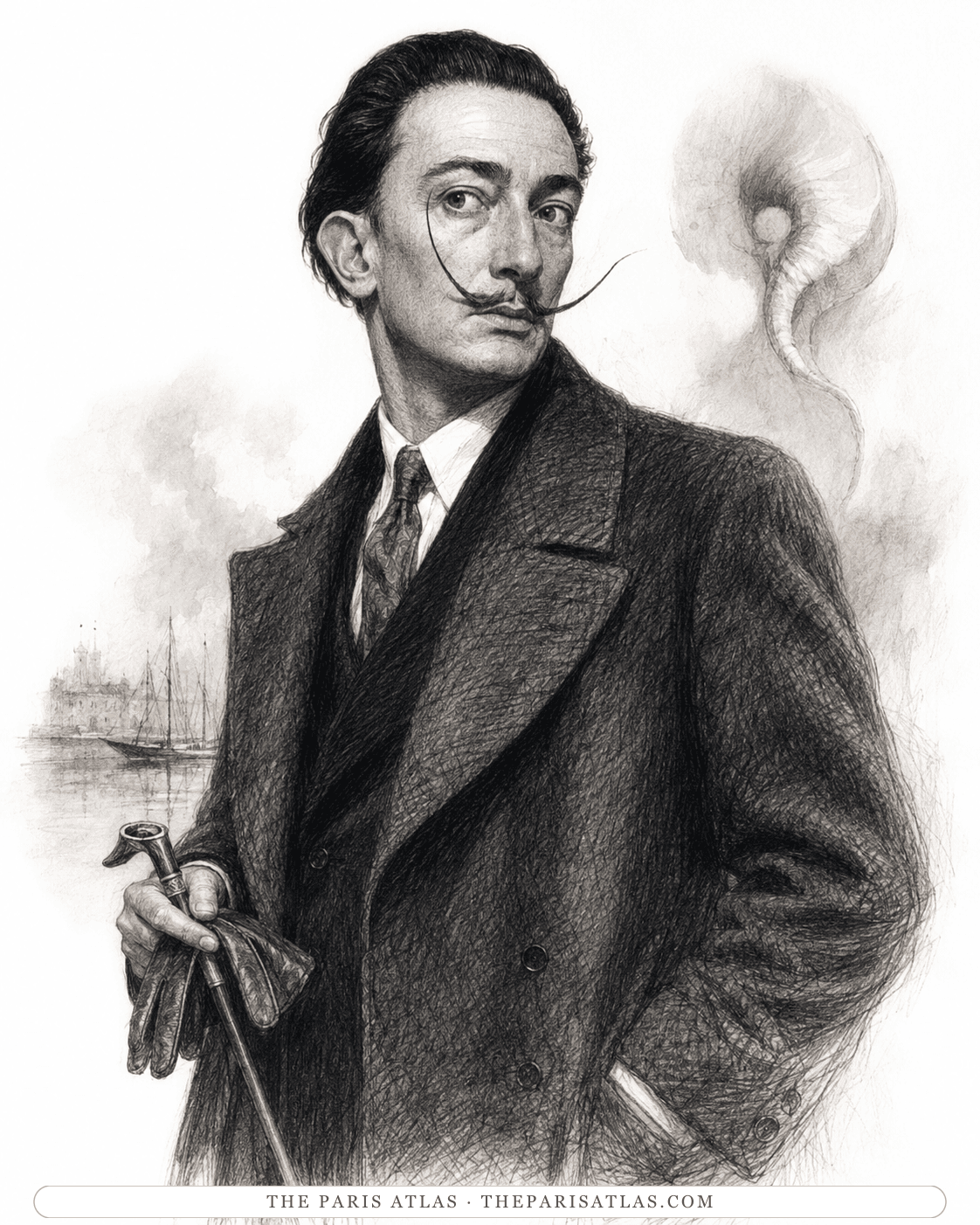 Illustration of Salvador Dalí in a long dark coat holding a cane and gloves, a Catalan harbour and a shell-like form behind him