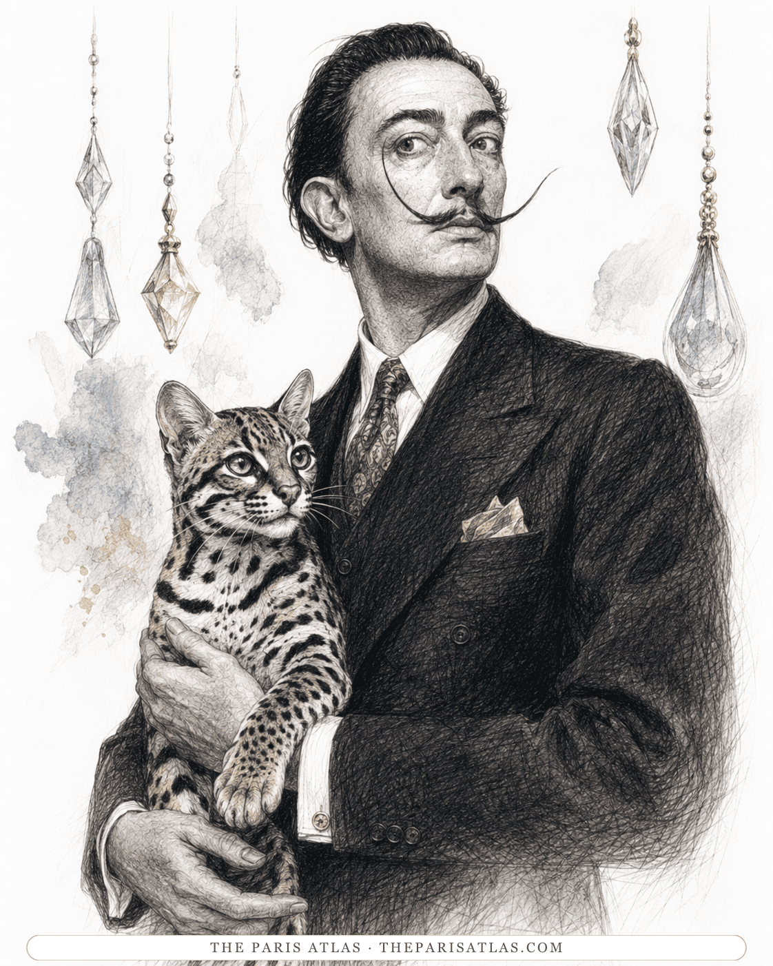 Illustration of Salvador Dalí in a dark suit holding an ocelot in both arms, cut-glass drops hanging behind him