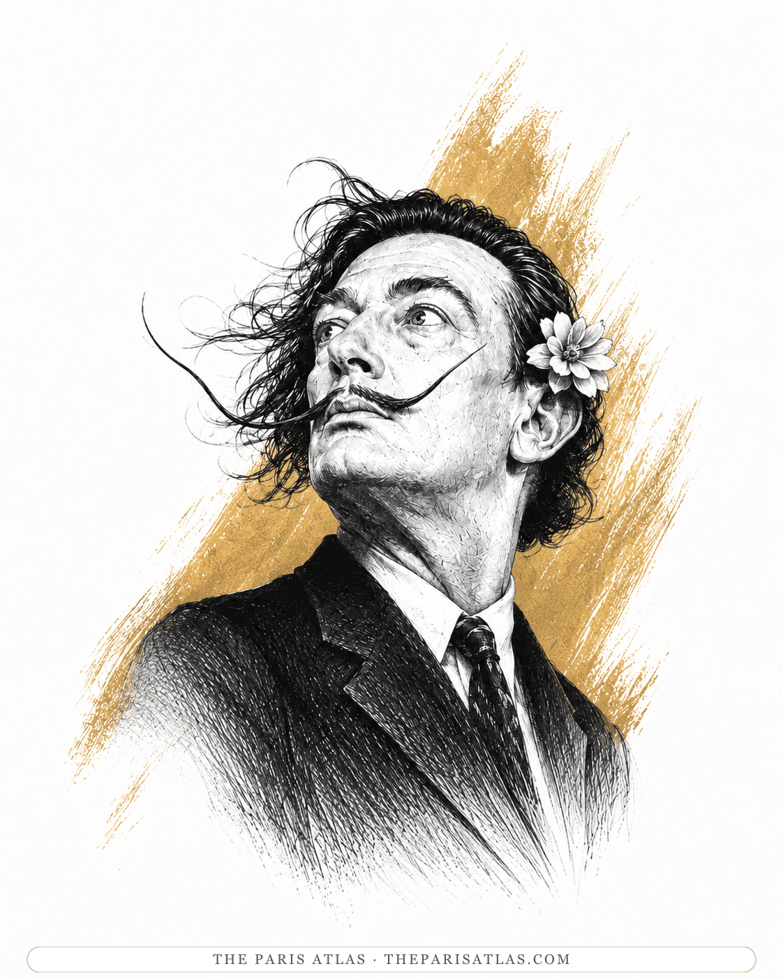Illustration of Salvador Dalí with his head tilted back and hair blown loose, a flower behind one ear