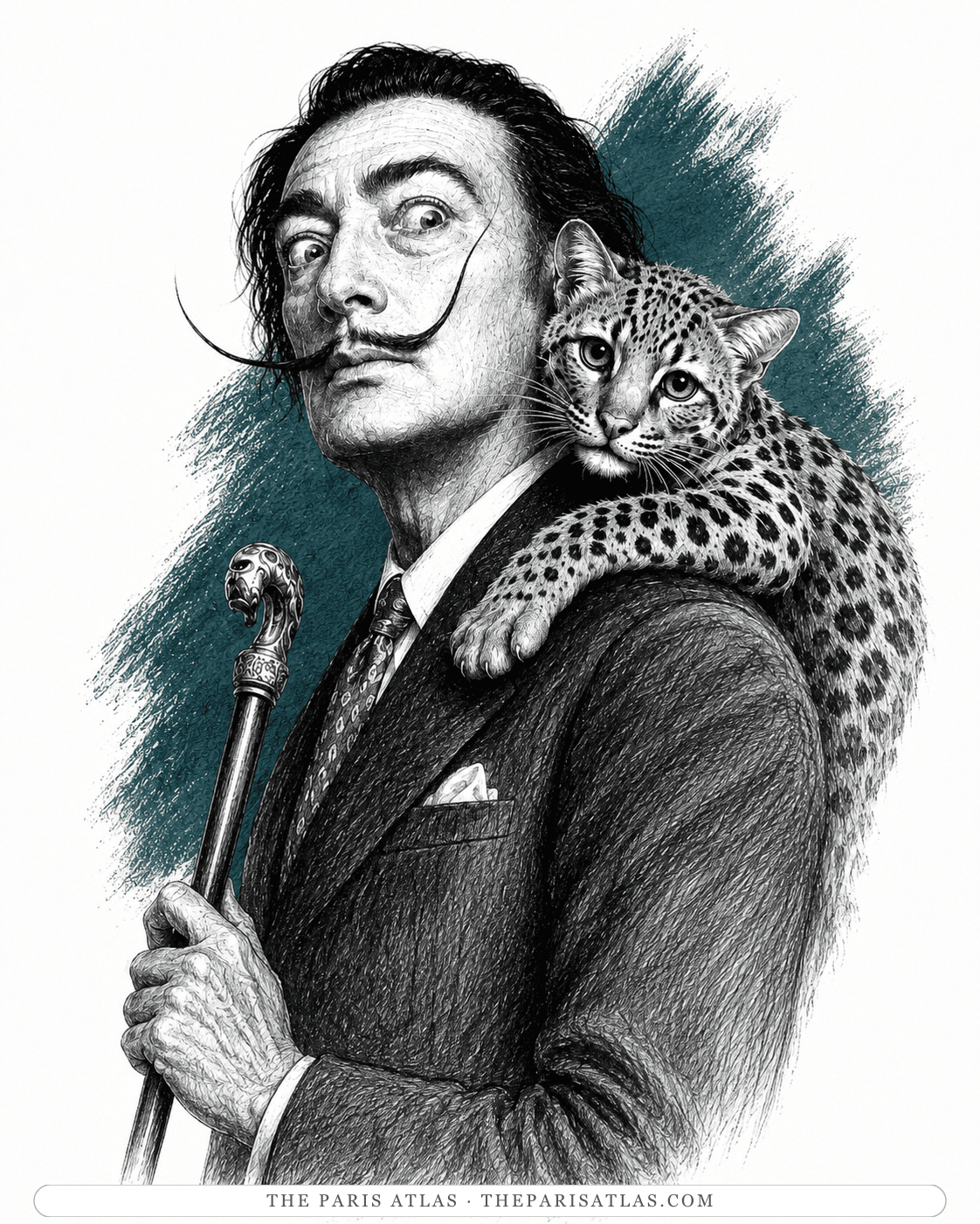 Illustration of Salvador Dalí with a waxed moustache, an ocelot draped across his shoulders and a carved cane in his hand