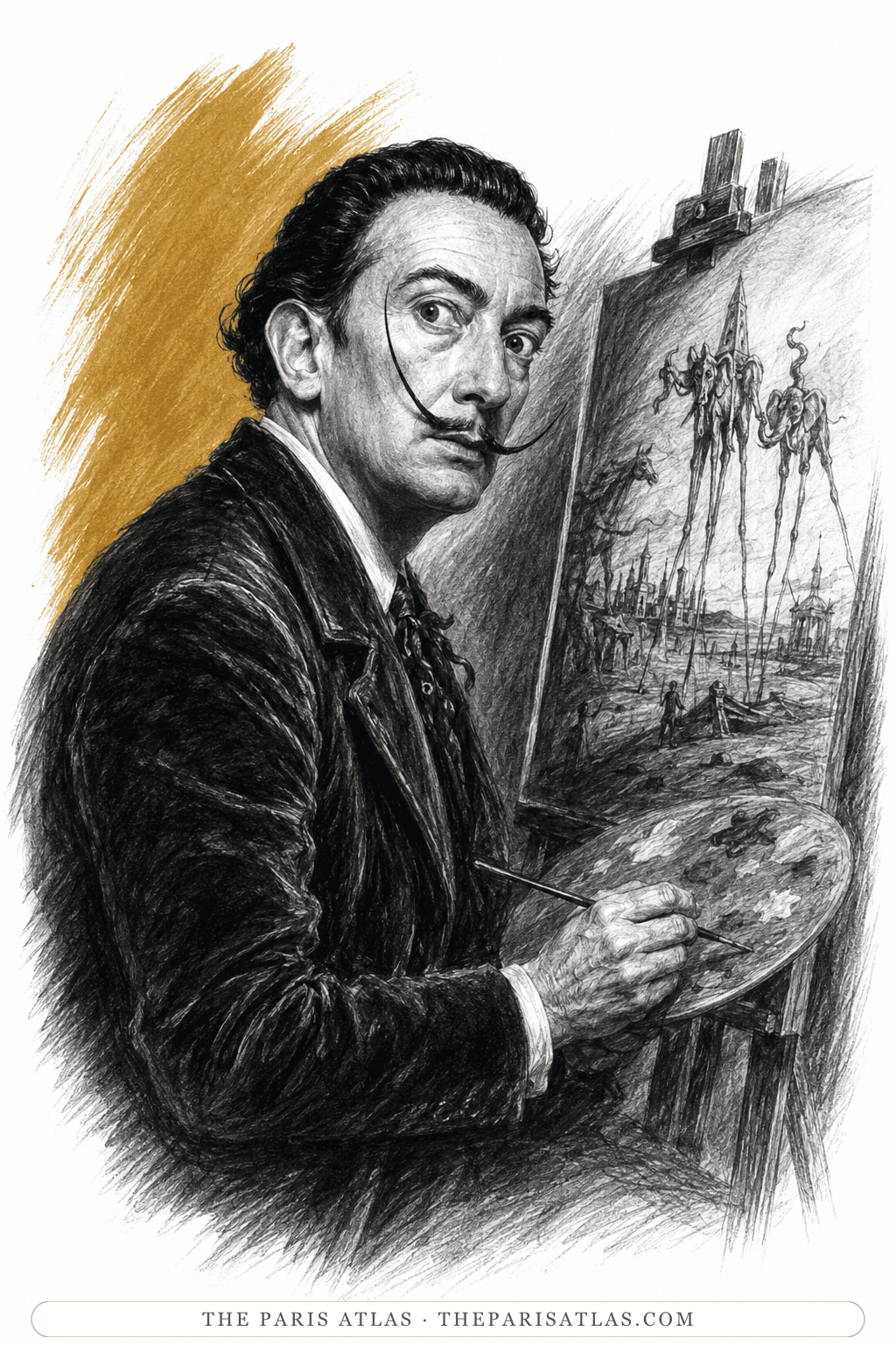 Illustration of Salvador Dalí at an easel, brush and palette in hand, painting a desert landscape of elephants on stilt legs