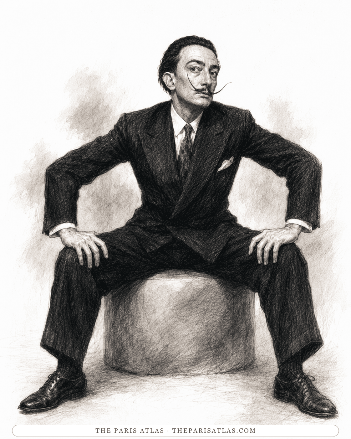 Illustration of Salvador Dalí seated squarely on a plain plinth in a dark suit, hands on his knees