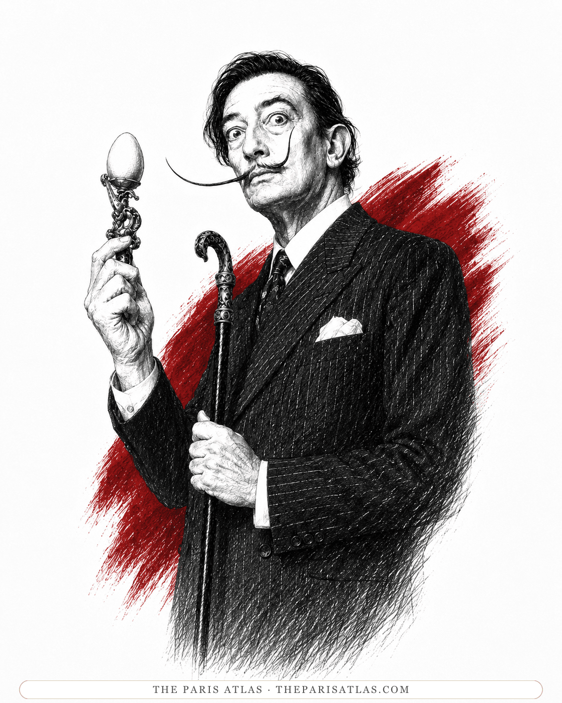 Illustration of Salvador Dalí holding up a sceptre topped with an egg in one hand and a cane in the other