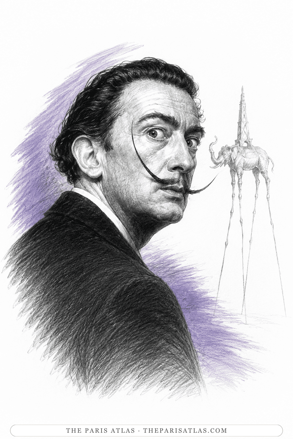 Illustration of Salvador Dalí in profile beside one of his elephants on impossibly long stilt legs, carrying an obelisk