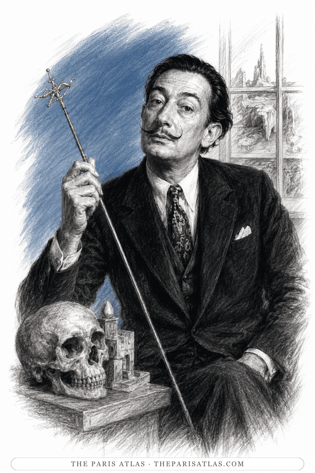 Illustration of Salvador Dalí seated with a slender cross-topped sceptre raised in one hand, a human skull and a candle on the table beside him