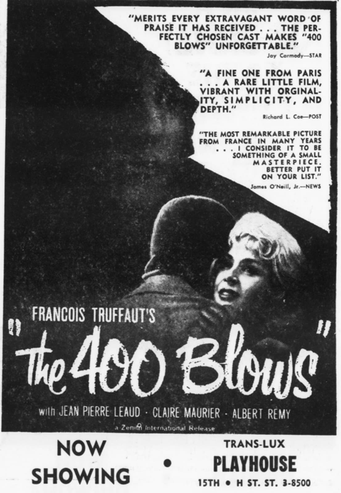 A 1959 newspaper advertisement for The 400 Blows at the Trans-Lux Playhouse, with three review pull-quotes and a still of a woman embracing a man