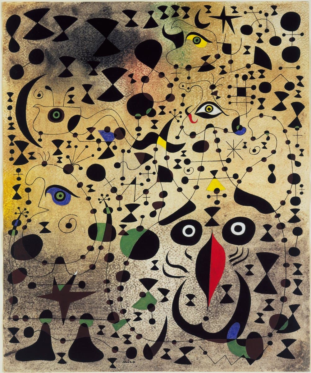 A Constellation sheet by Miró: a dense field of black signs, stars, eyes and crescent forms joined by fine lines over a mottled grey-buff ground.